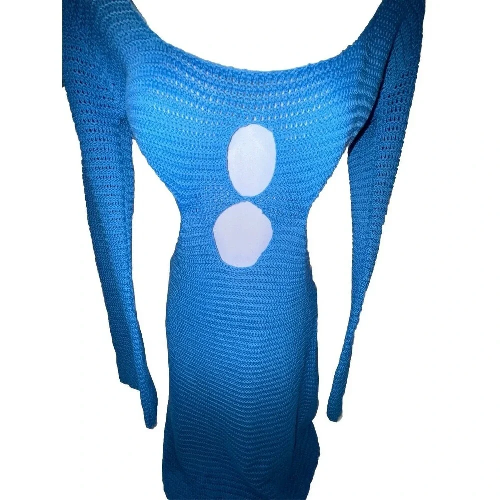 Sexy Blue Knit Dress Size Medium‎ Beach Club Party Date Crochet Cut Out Boho Hot